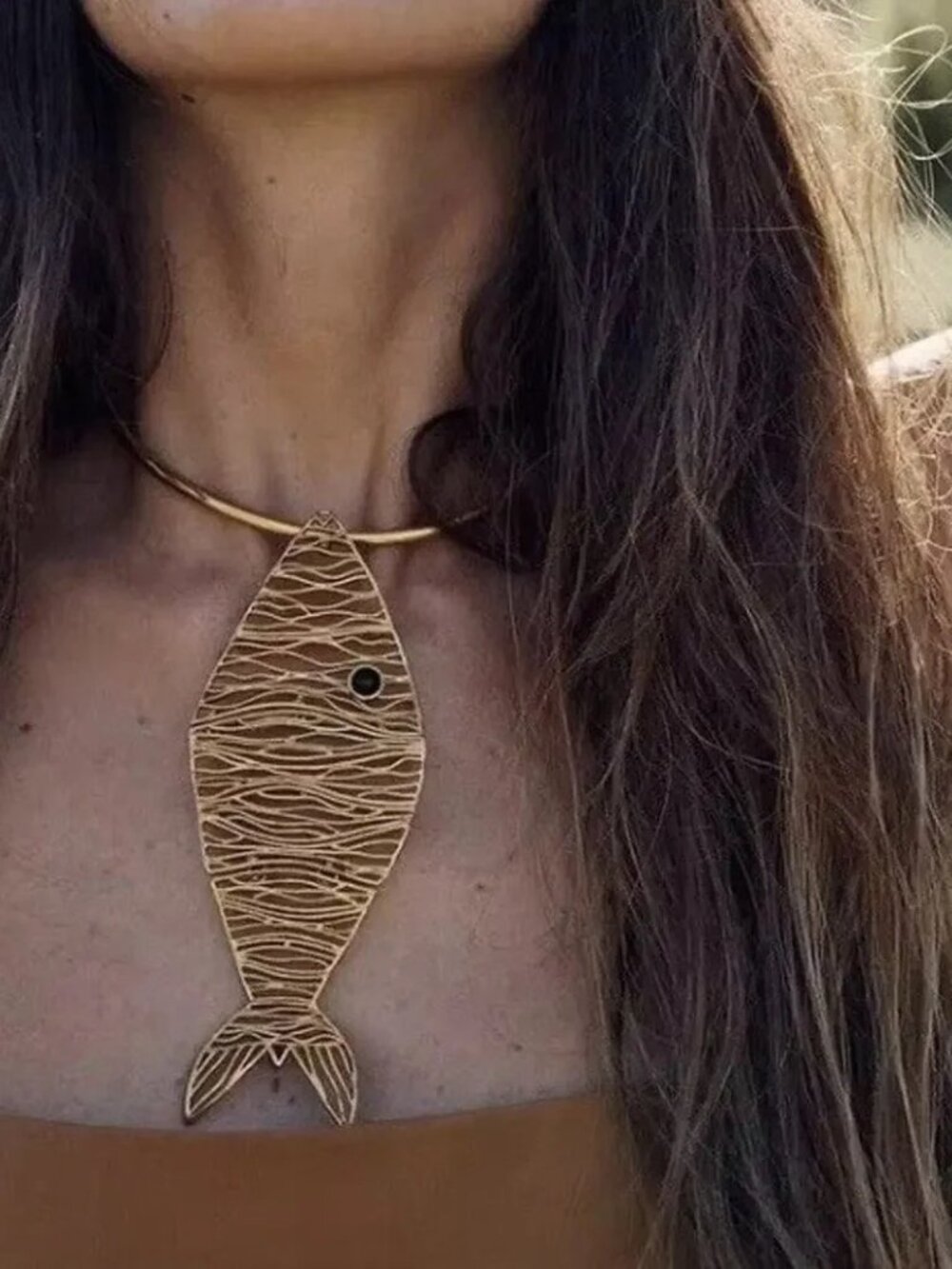 Zara Fish Necklace Choker Open Collar Skeleton Boho Statement Gold Y2K Mesh VTG